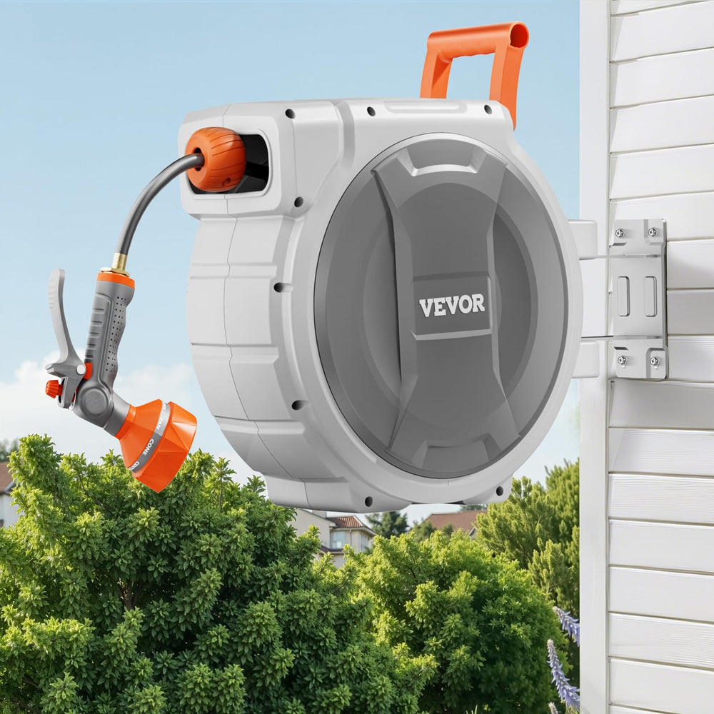 VEVOR lifestyle shot of the hose reel in a garden showing easy use and neat storage