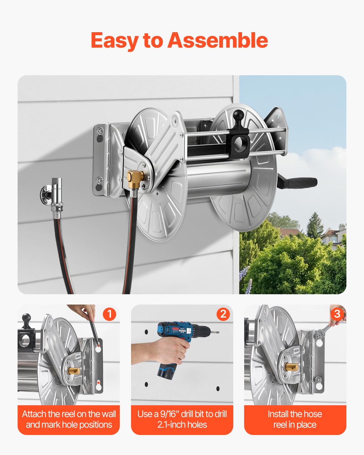 VEVOR hose reel in garden showing tidy storage and easy watering benefit