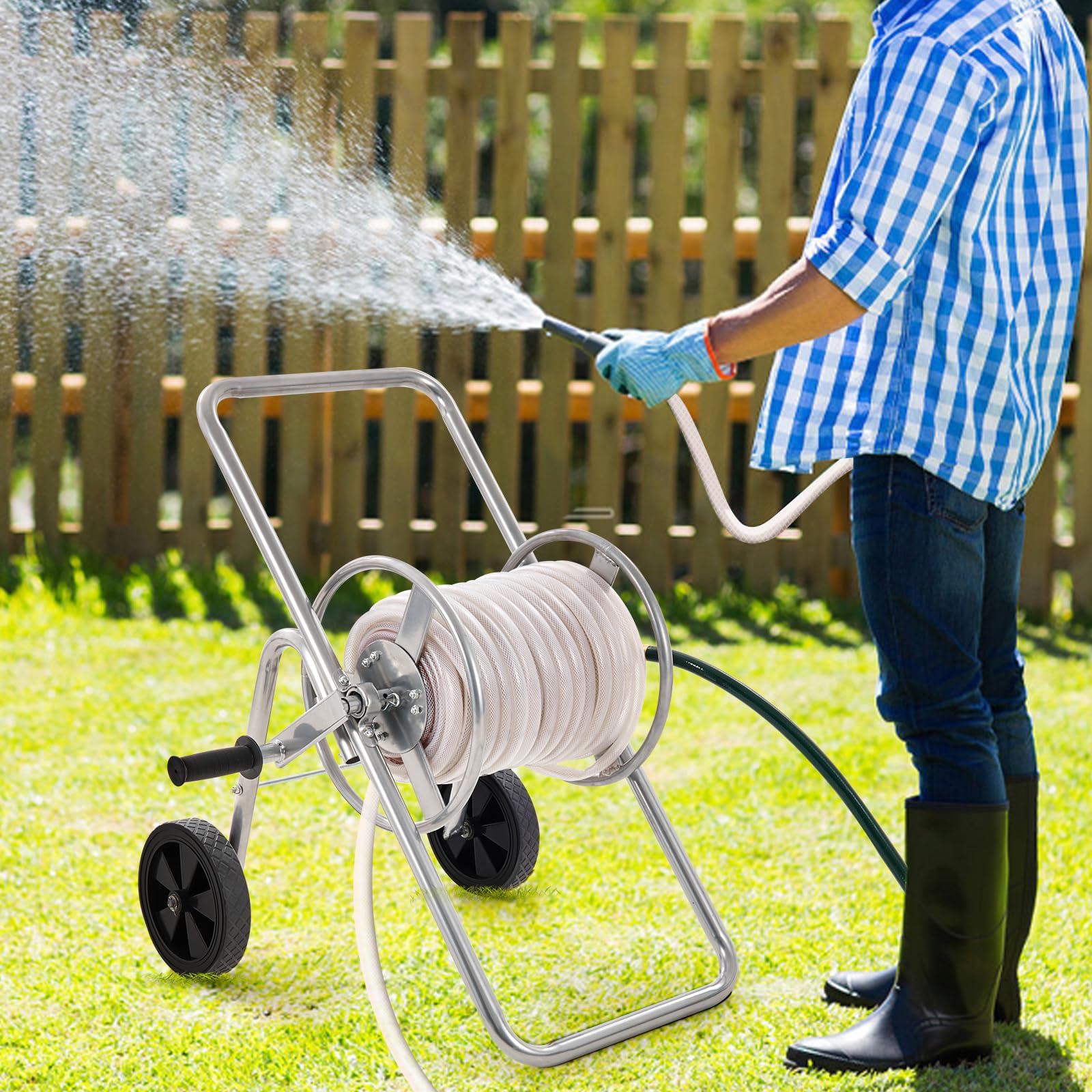 VEVOR in-use garden scene with cart moved between beds for faster watering