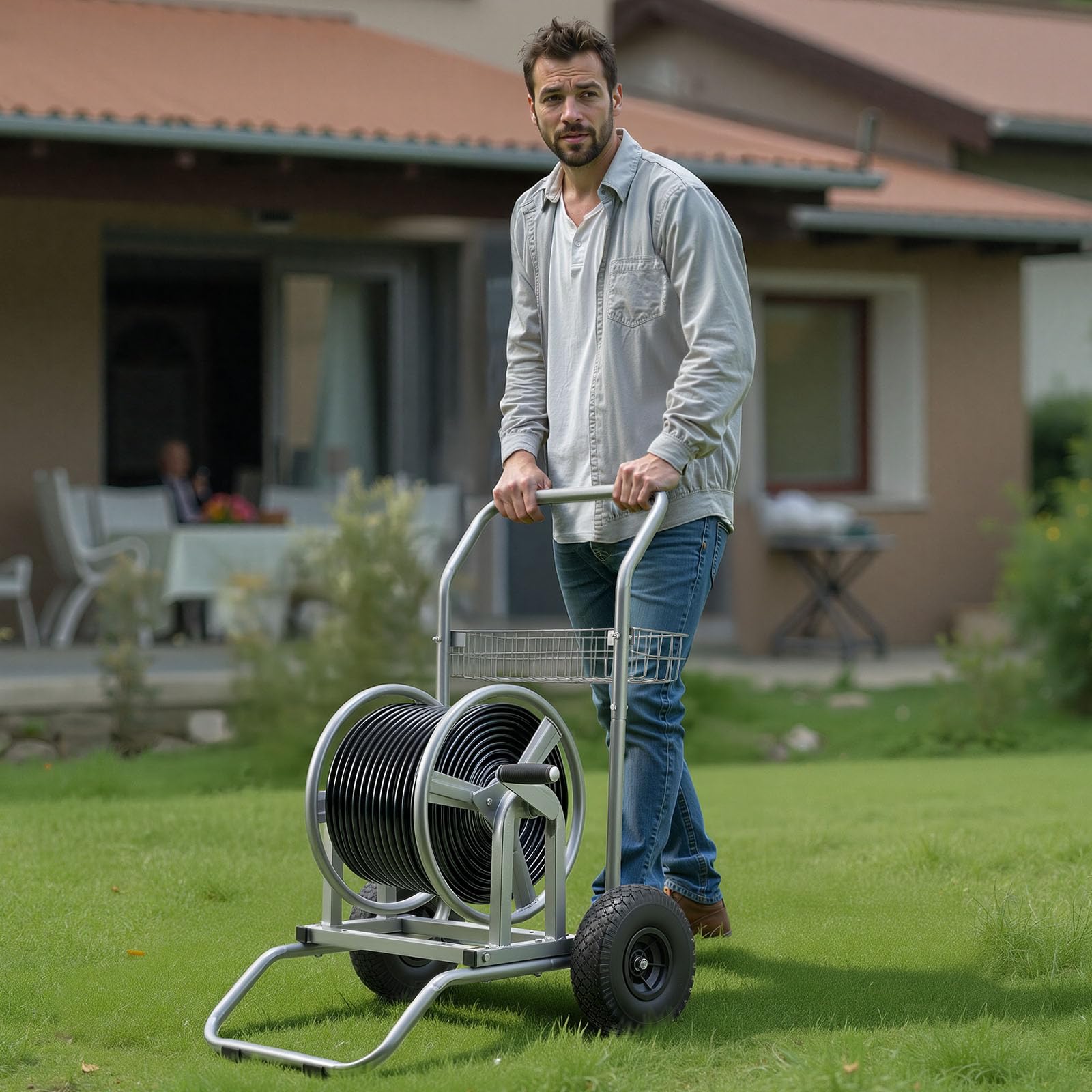 VEVOR hose reel in a garden cleaning car and patio demonstrating versatile use