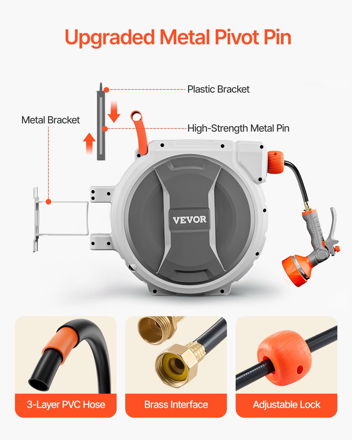 VEVOR mounted reel pivoting 180 degrees for flexible positioning and reduced hose strain
