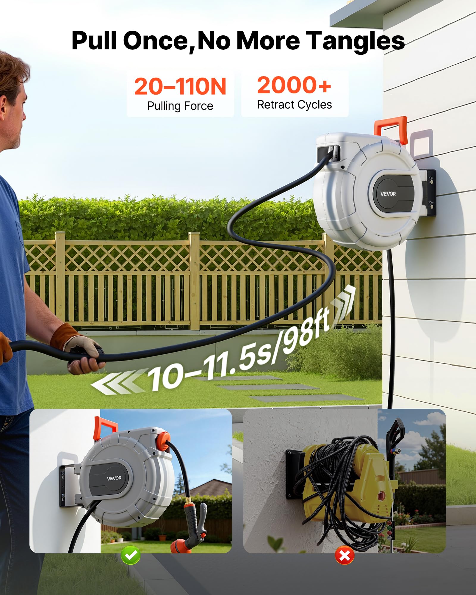 VEVOR hose reel wall mounted in garden for tidy hose storage and accessibility