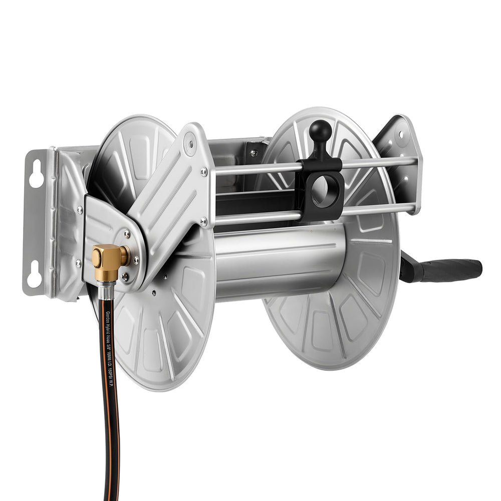 VEVOR hand rewinding hose reel showing controlled retraction and tangle-free result