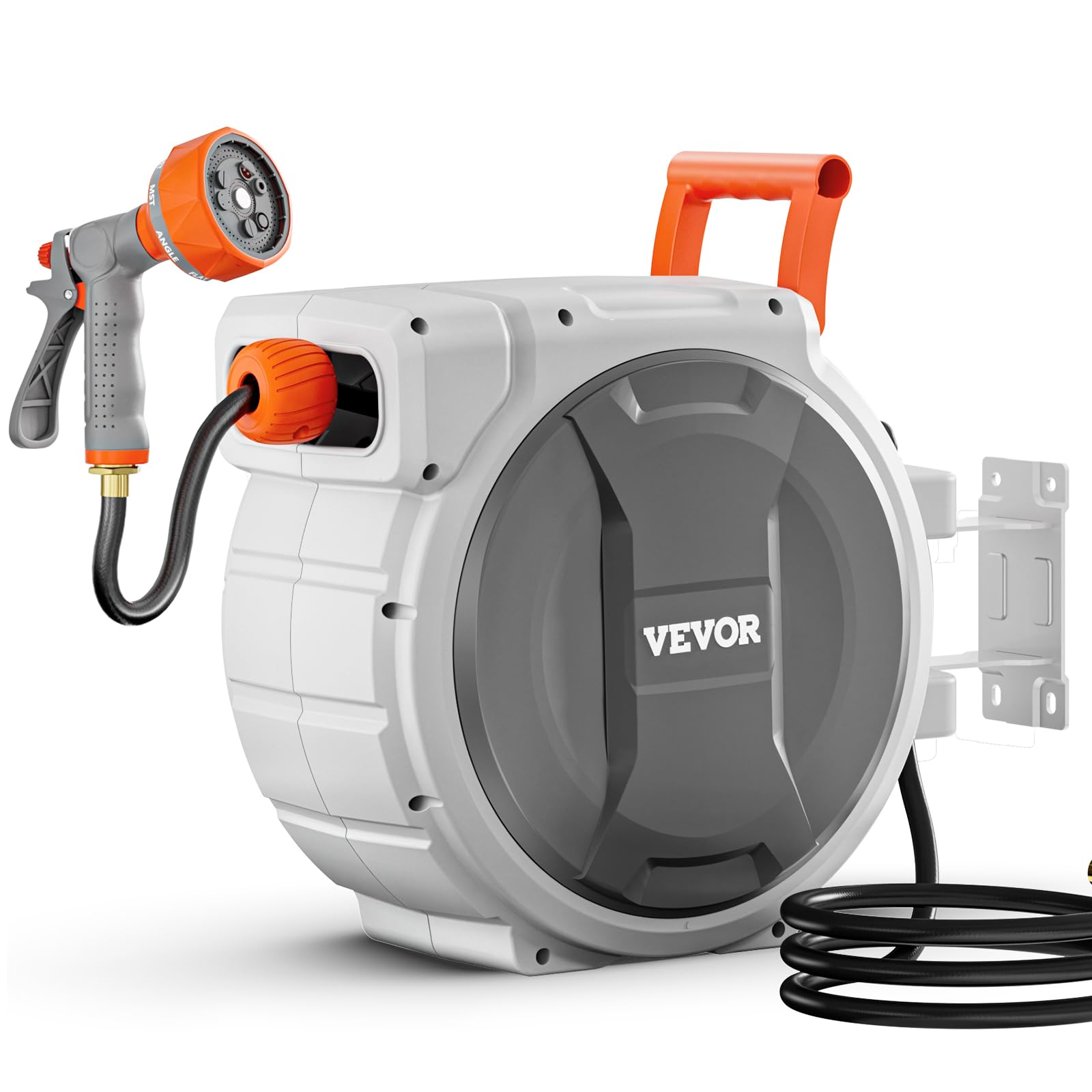 VEVOR hose reel beside a watering can for size and scale comparison