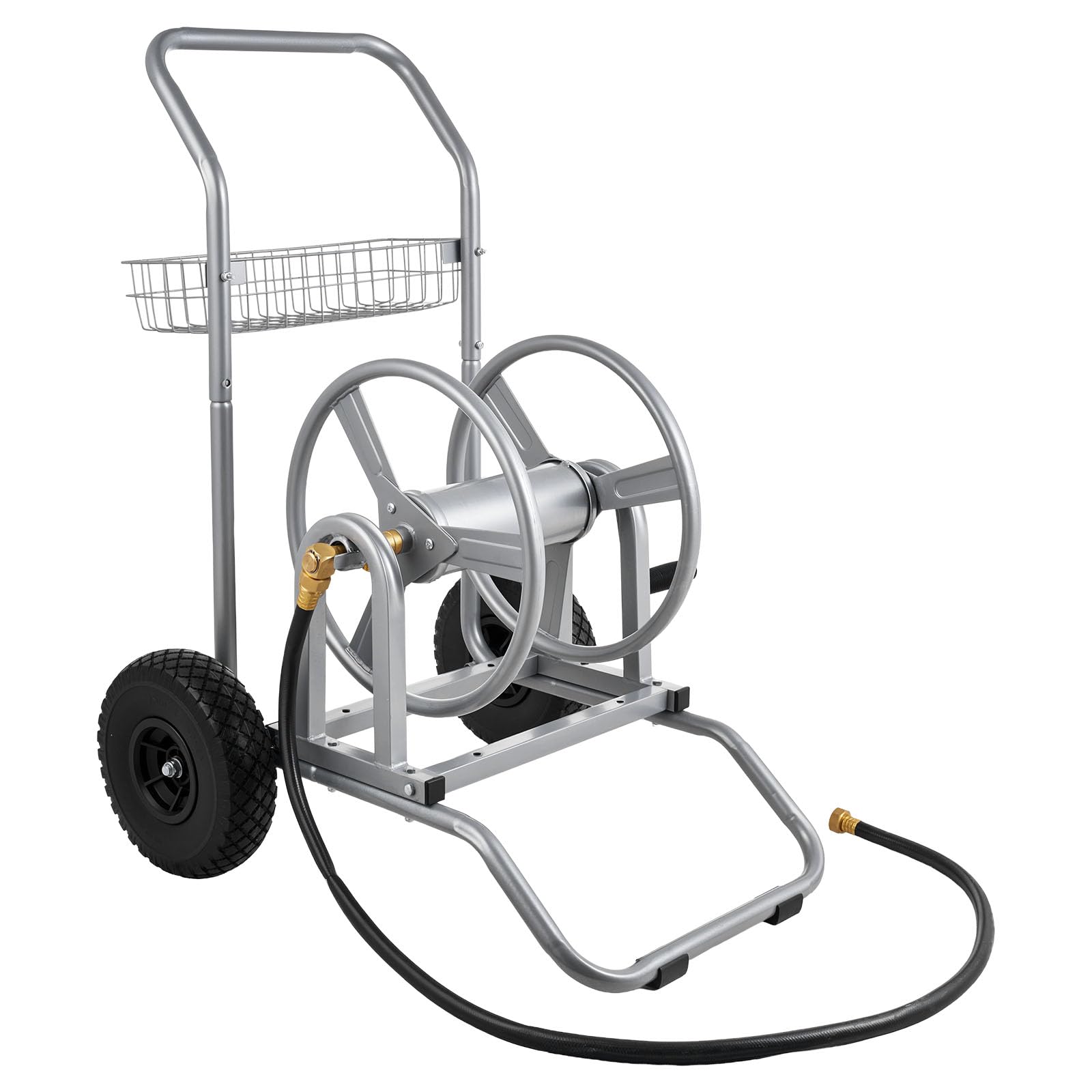VEVOR hose reel next to a person showing size and capacity comparison benefit