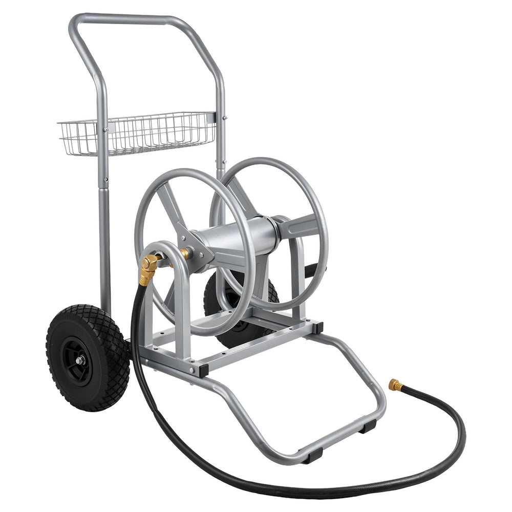 VEVOR hose reel next to a person showing size and capacity comparison benefit