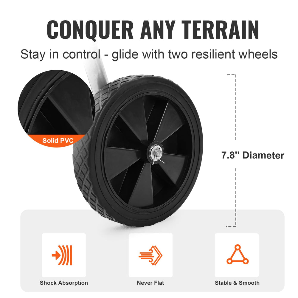 VEVOR wheel and axle showing PVC wheels that roll smoothly on rough terrain