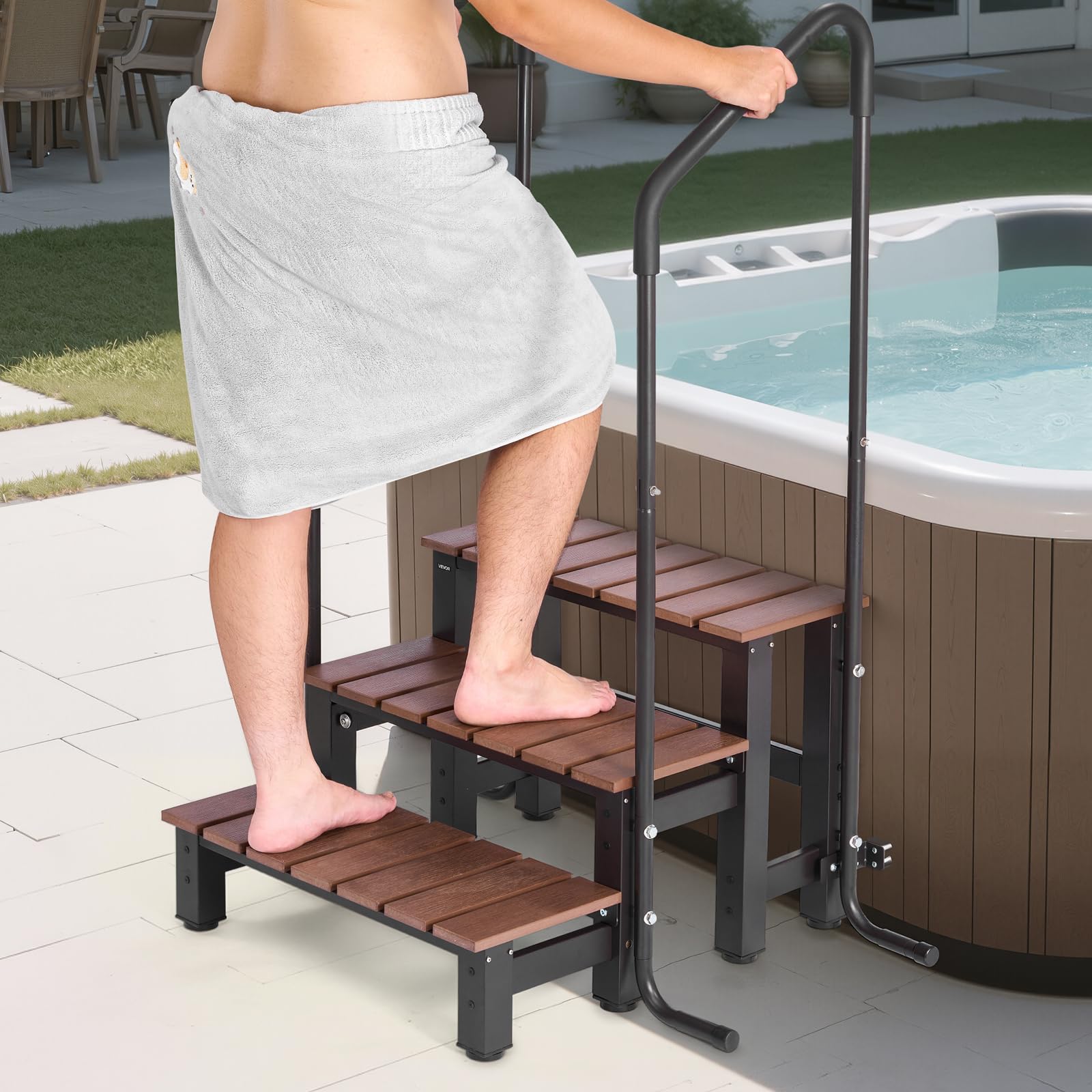 VEVOR 90° support foot close-up showing anti-wobble stability benefit