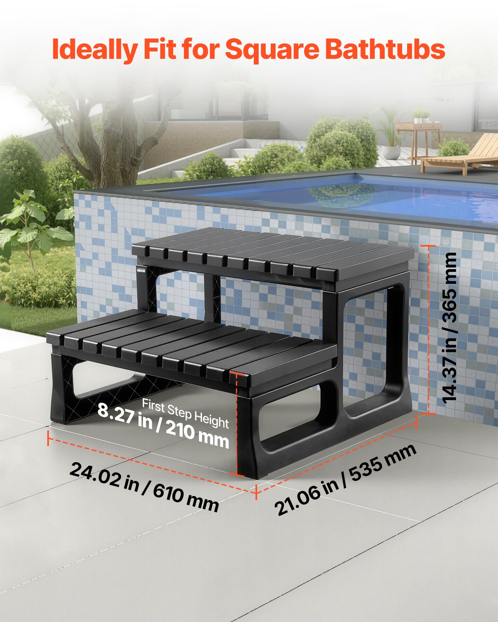 VEVOR in-use beside a hot tub demonstrating safe, comfortable access for users