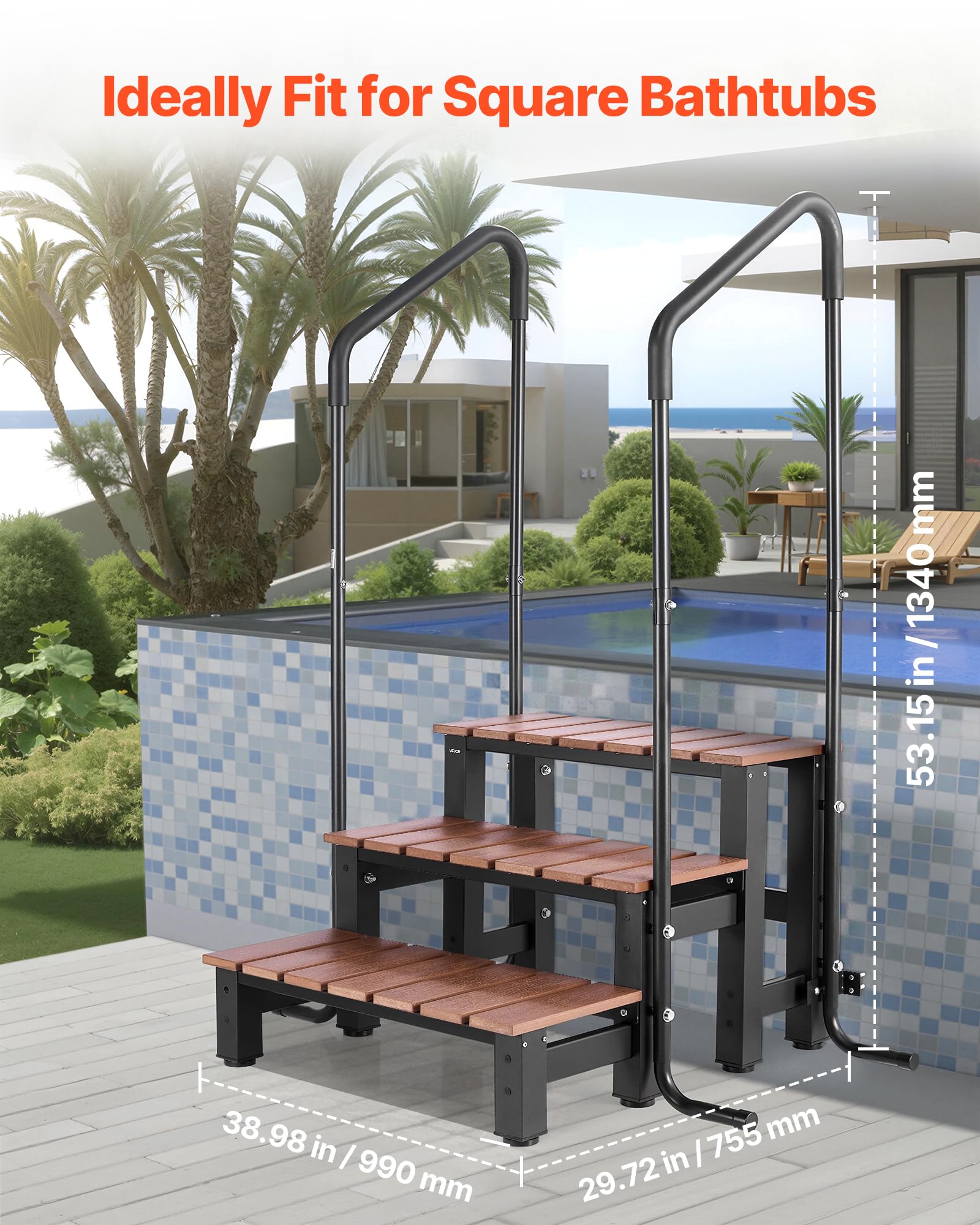 VEVOR stairs installed beside a spa illustrating snug-fit placement benefit