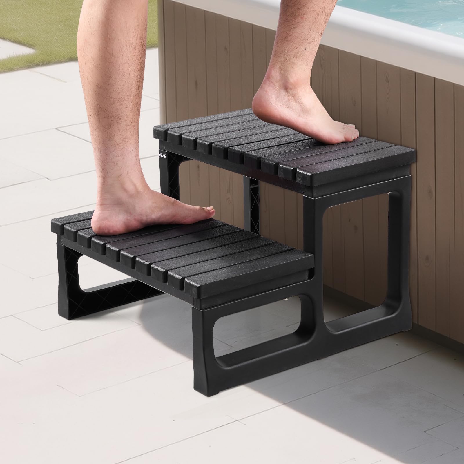 VEVOR steps on a deck in a lifestyle scene blending with outdoor decor