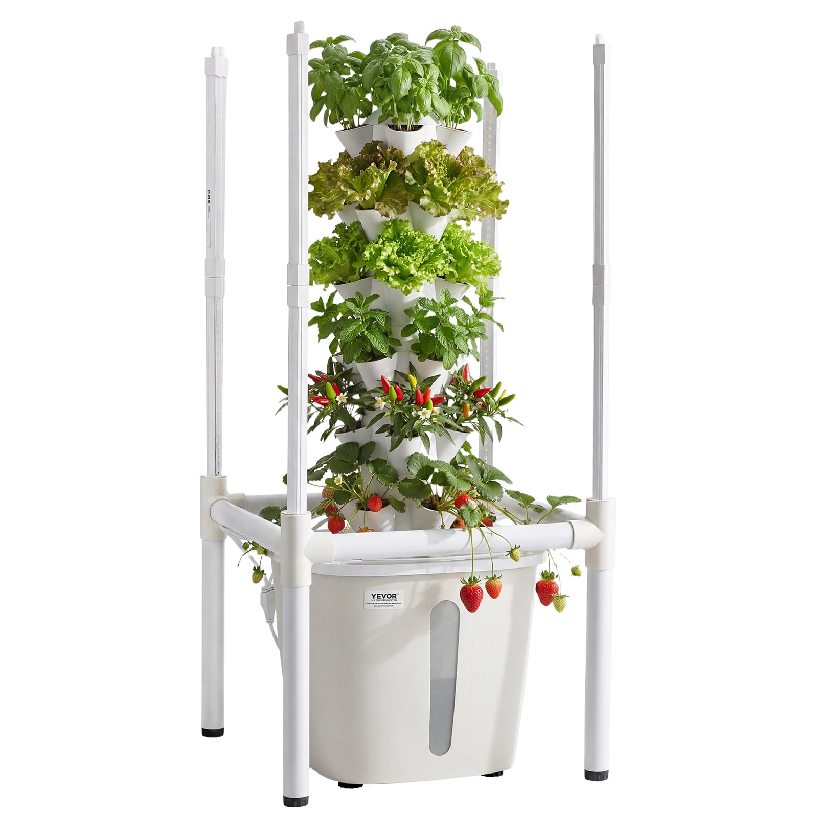 VEVOR hydroponic tower front view showing compact vertical garden benefit