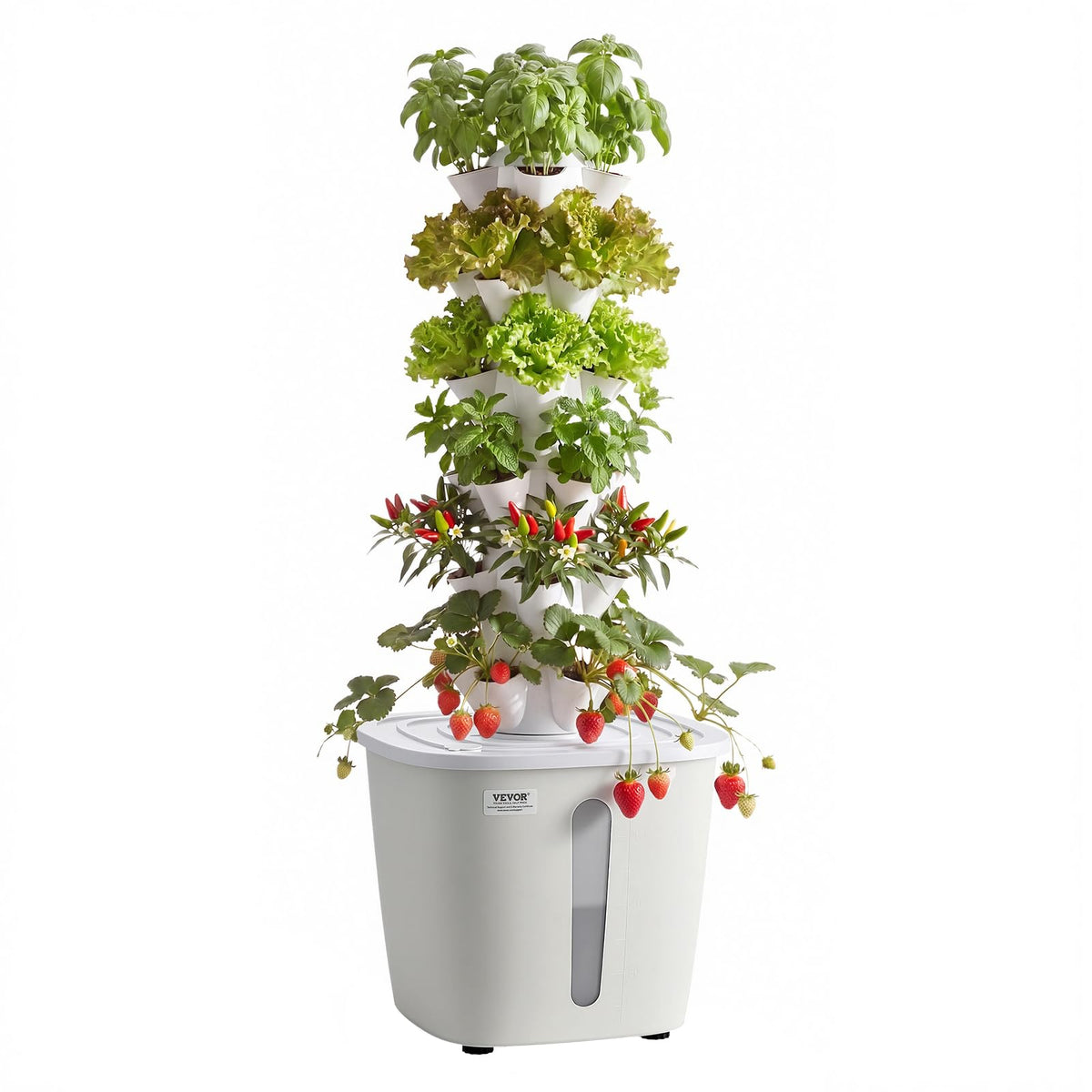 VEVOR front view of hydroponic tower showing six tiers and 30 pods for efficient growing