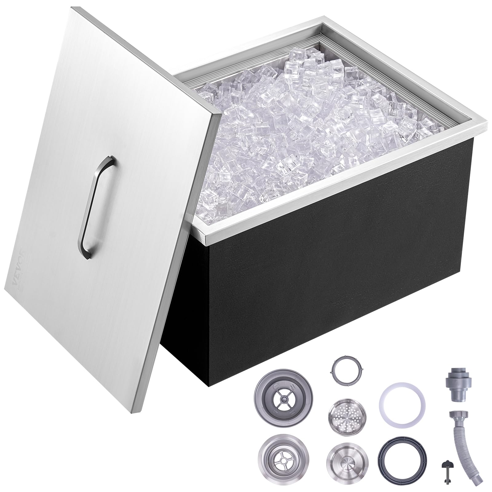 VEVOR front view of stainless steel ice chest showing durable exterior and compact fit