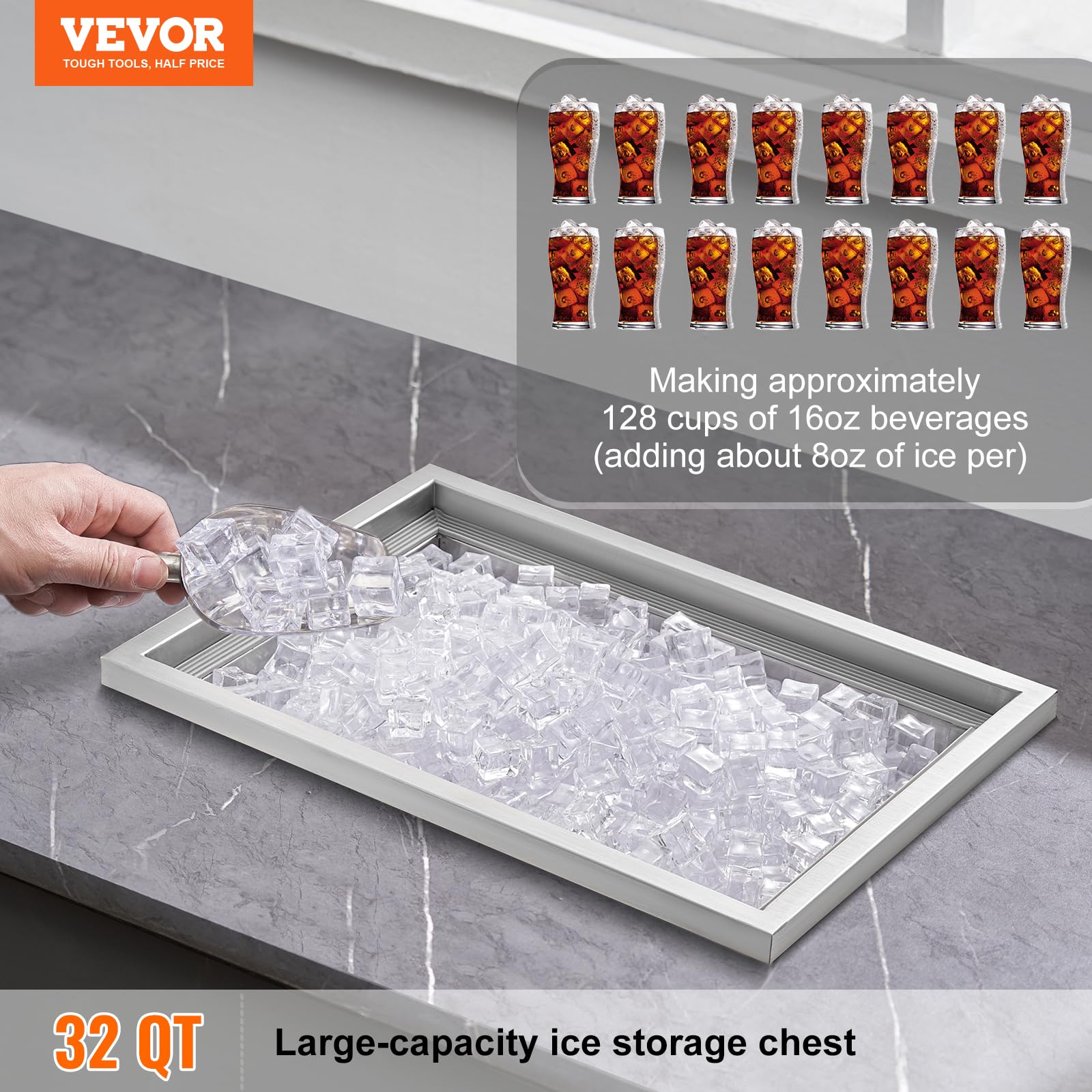 VEVOR ice chest open with bottles and ice, demonstrating ready-to-serve chilling
