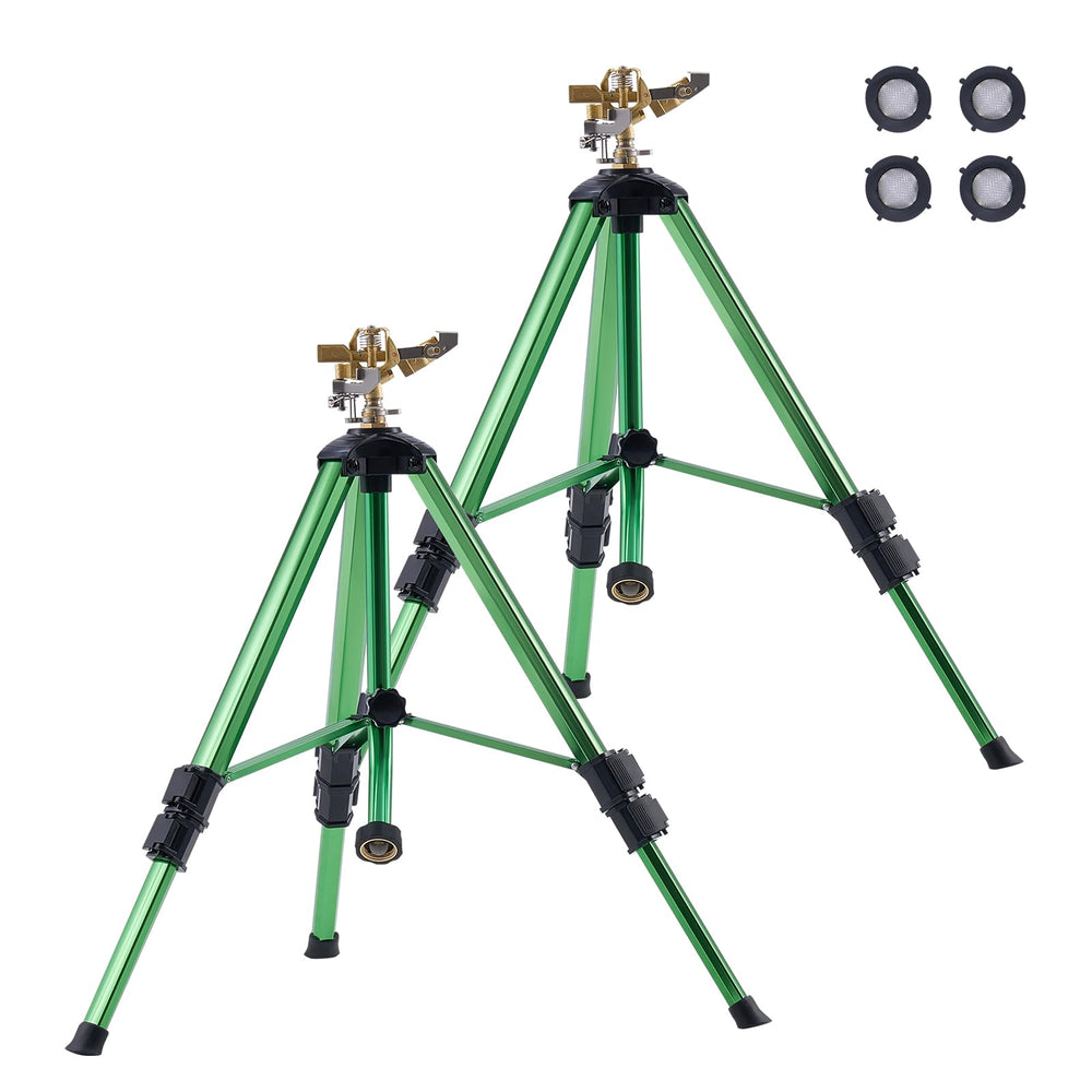 VEVOR impact sprinkler front view showing stable tripod and brass head, durable irrigation