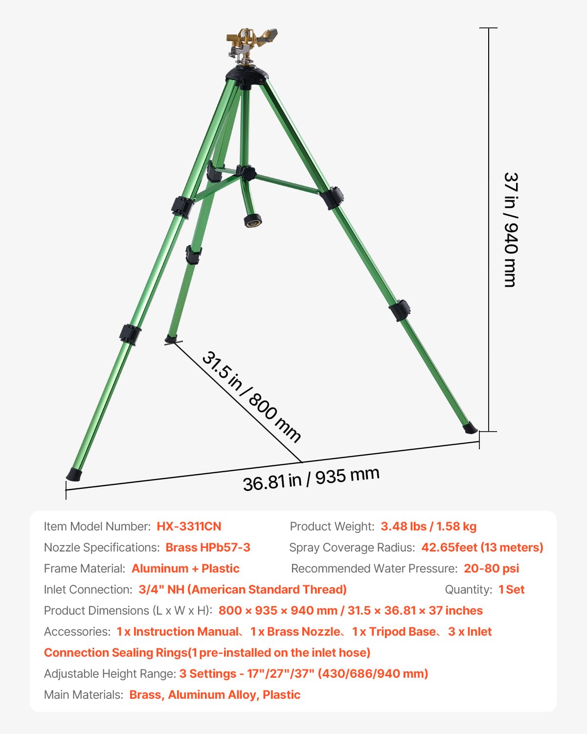 VEVOR sprinkler beside ruler showing compact size and portability advantage