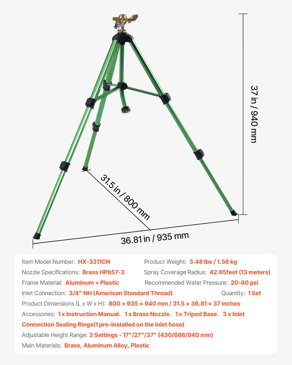 VEVOR sprinkler beside ruler showing compact size and portability advantage