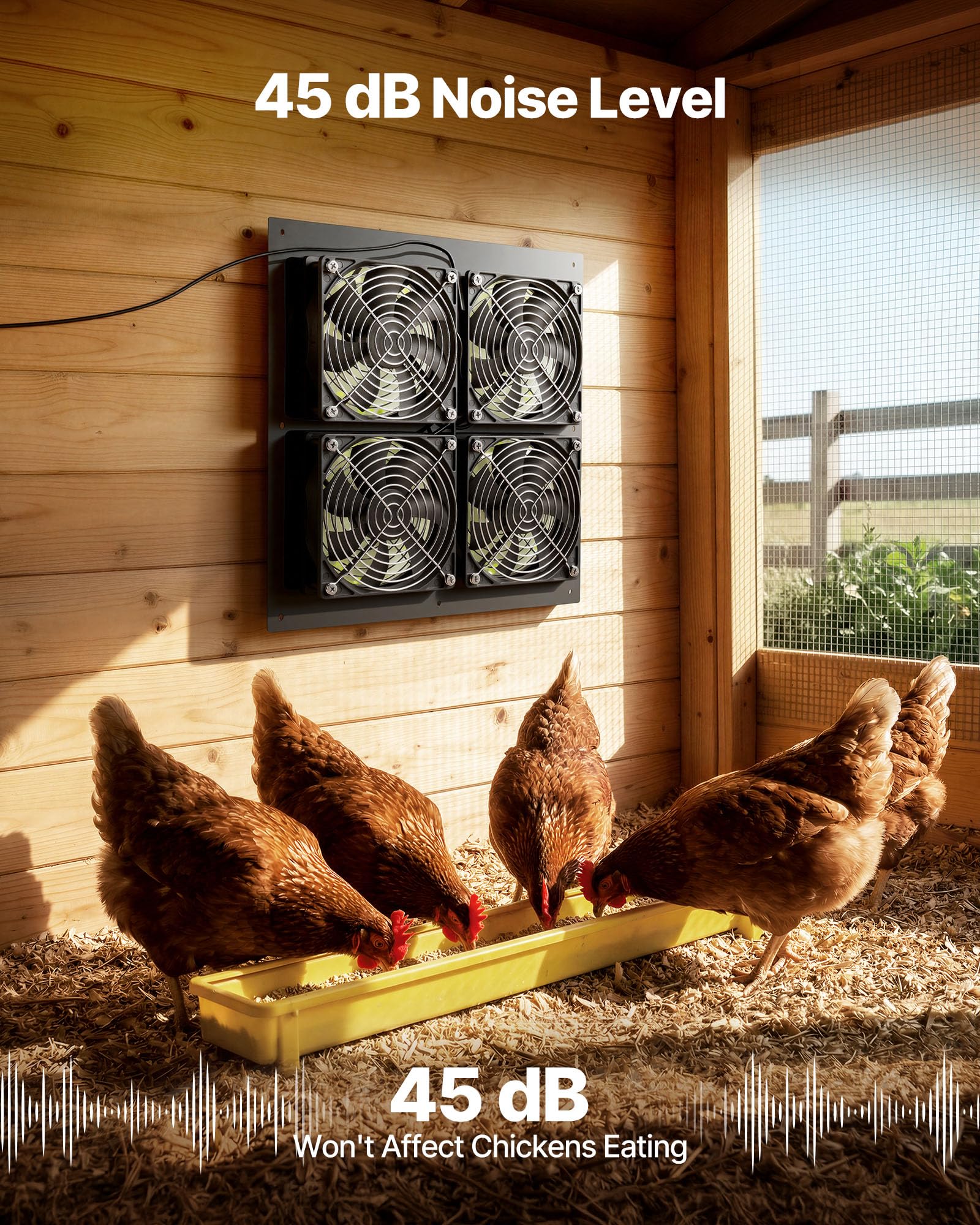 VEVOR installed in chicken coop showing quieter airflow to lessen animal stress and heat buildup