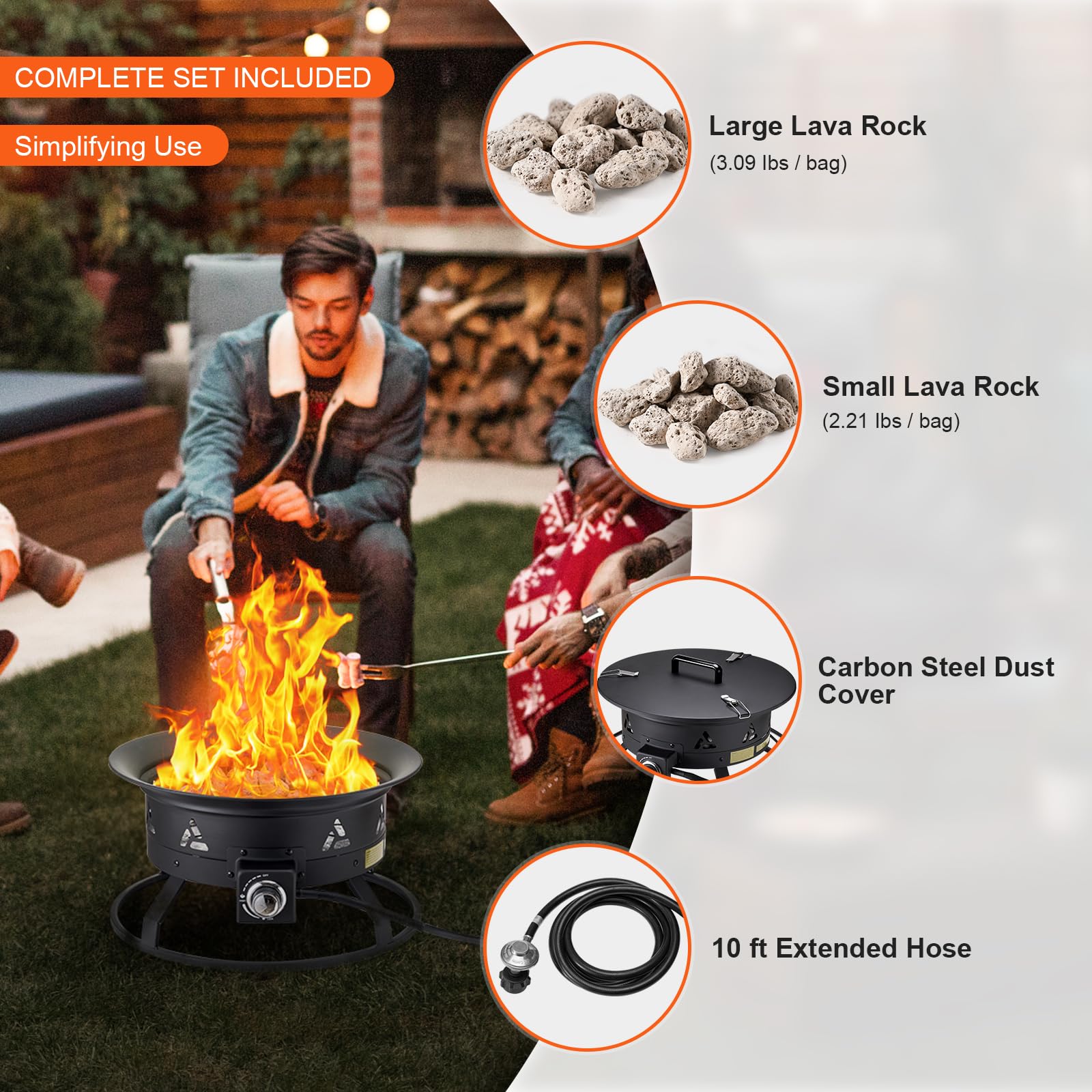 VEVOR fire pit in backyard at night producing bright flames and cozy atmosphere