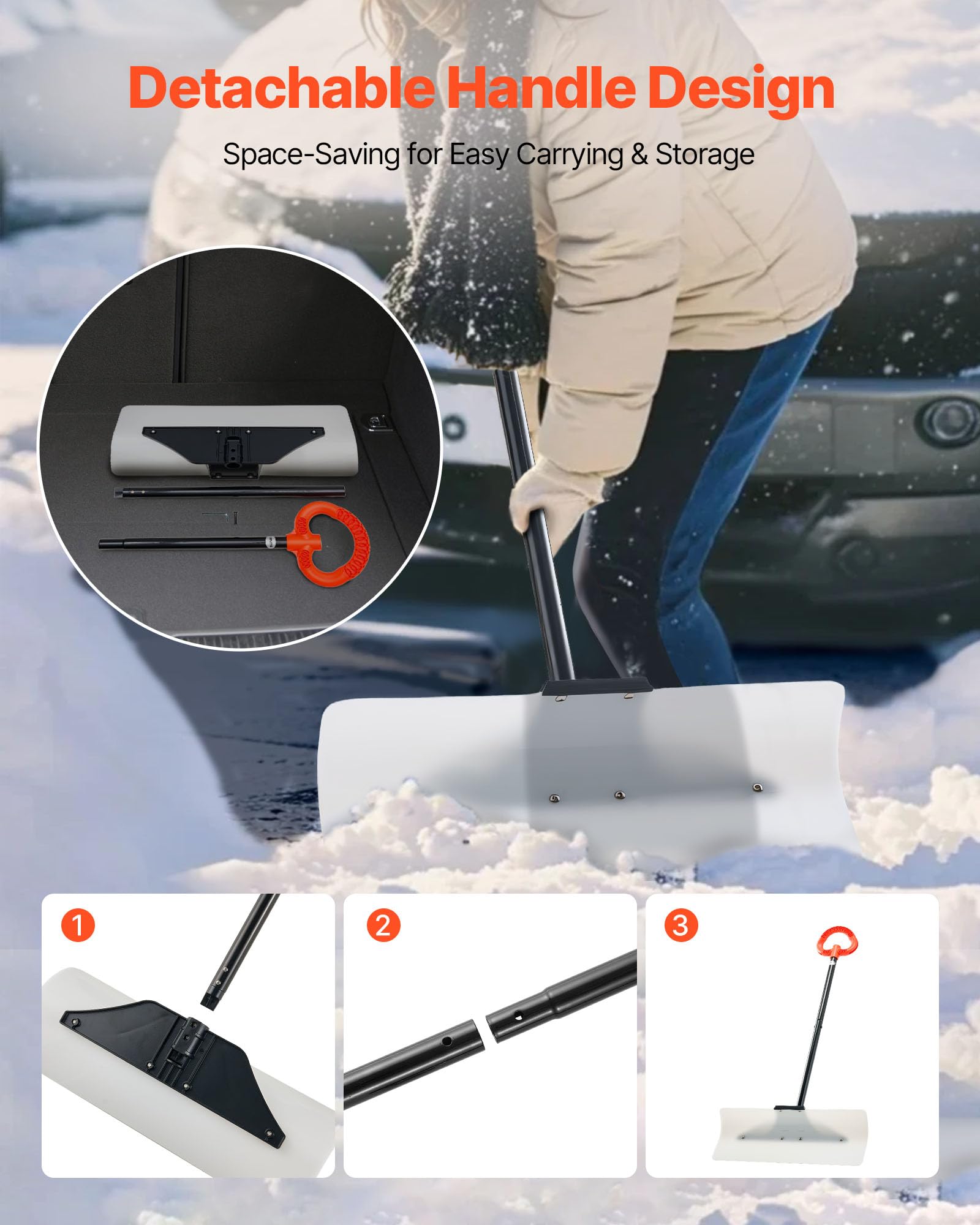 VEVOR snow pusher in use clearing a driveway quickly and reducing shoveling time