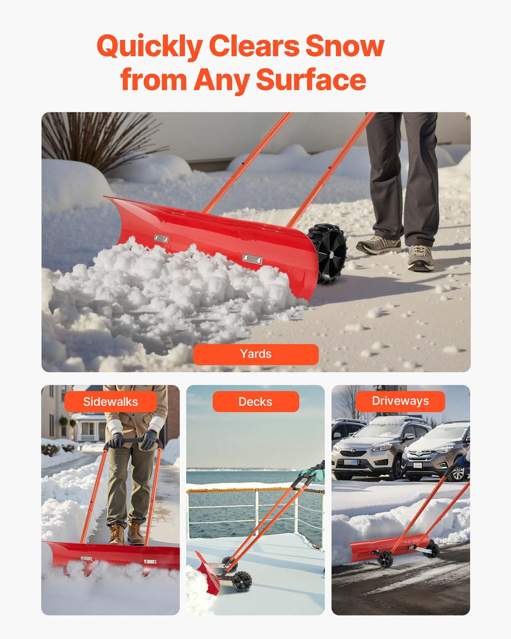 VEVOR in use pushing snow on a driveway to save time