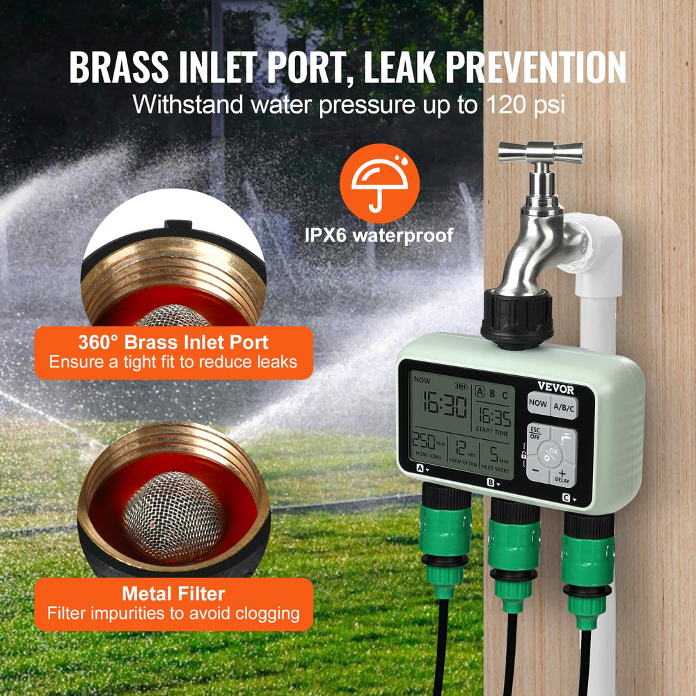 VEVOR in use connected to sprinkler providing scheduled garden irrigation