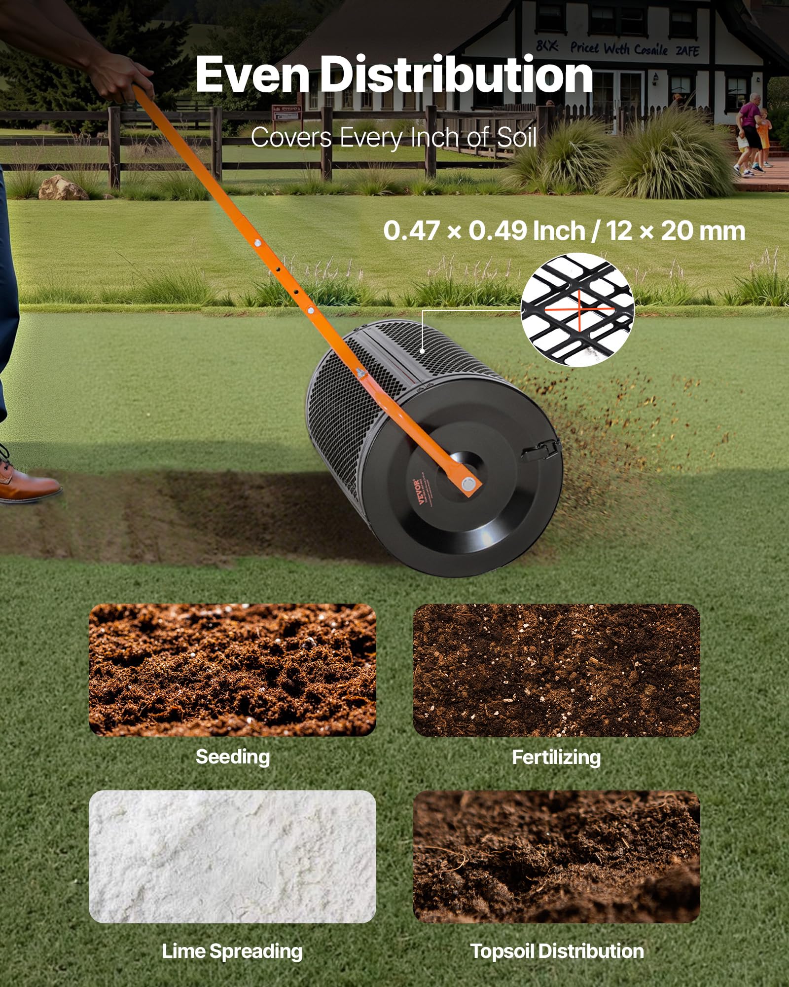 VEVOR spreader in use on lawn delivering uniform compost application
