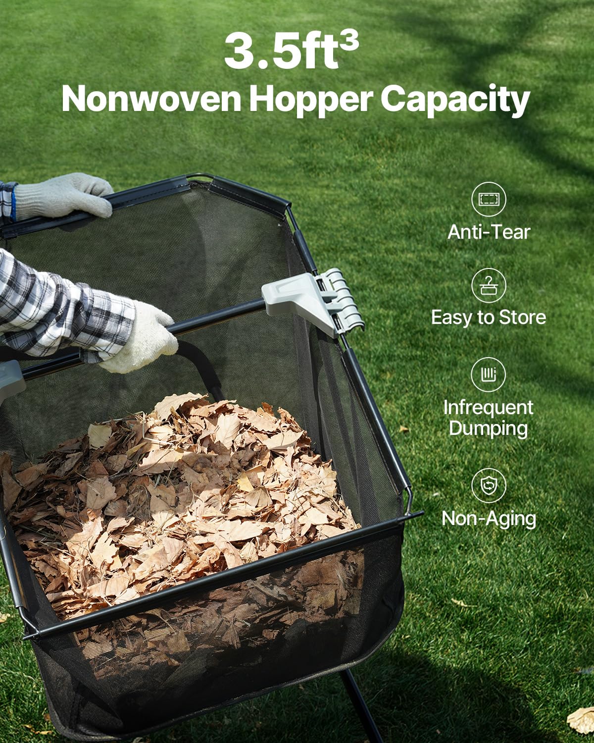 VEVOR in use on grass showing efficient pickup of leaves and clippings