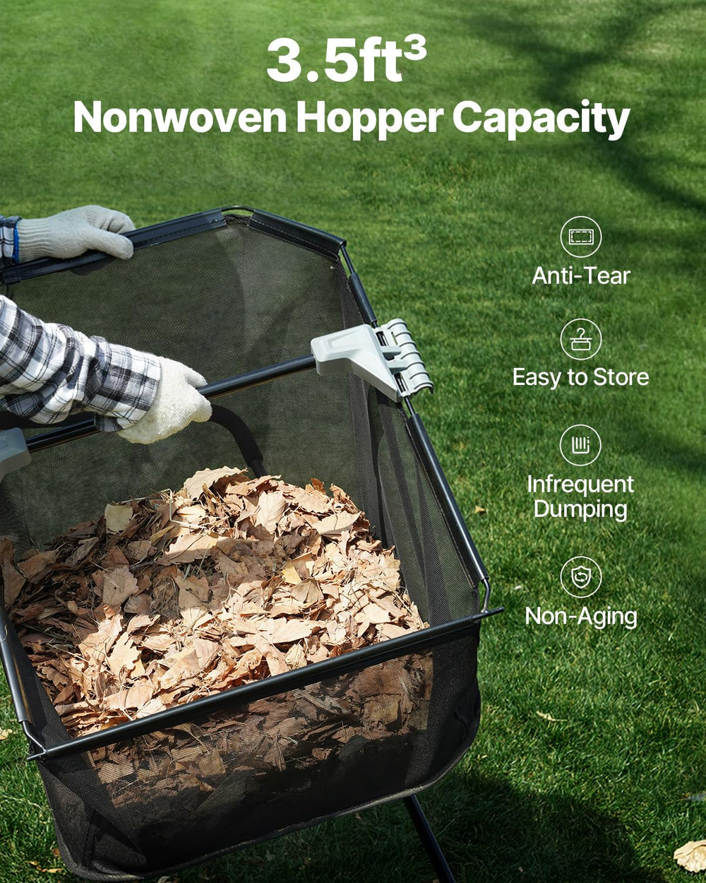 VEVOR in use on grass showing efficient pickup of leaves and clippings
