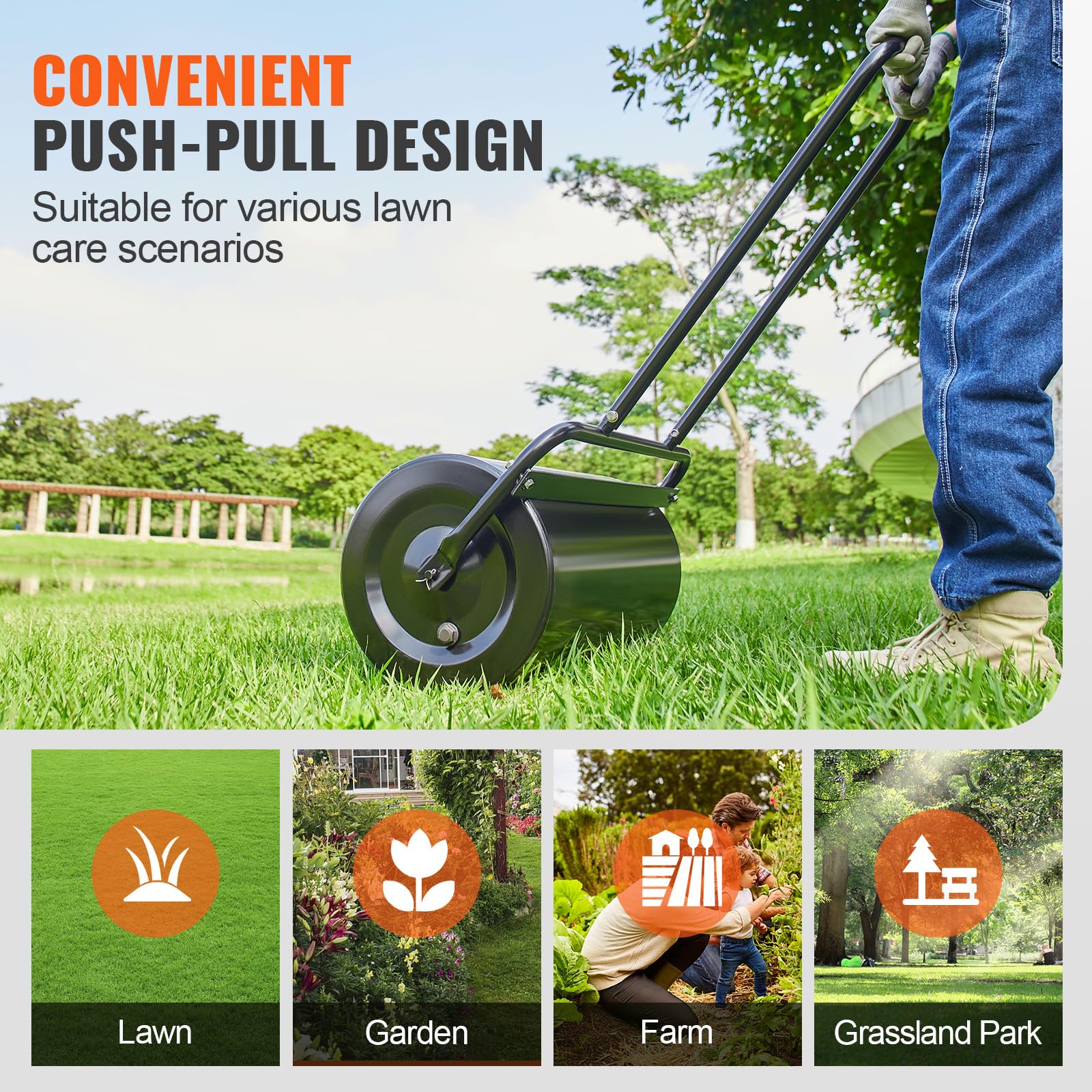 VEVOR roller in use on lawn, demonstrates even seed-to-soil contact
