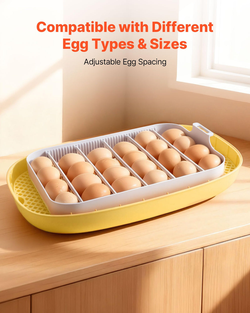 VEVOR incubator eggs on turning rack demonstrating automated 360° rotation