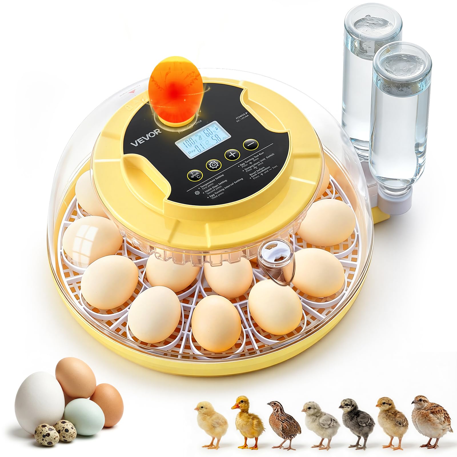 VEVOR incubator front view showing compact design and clear benefits