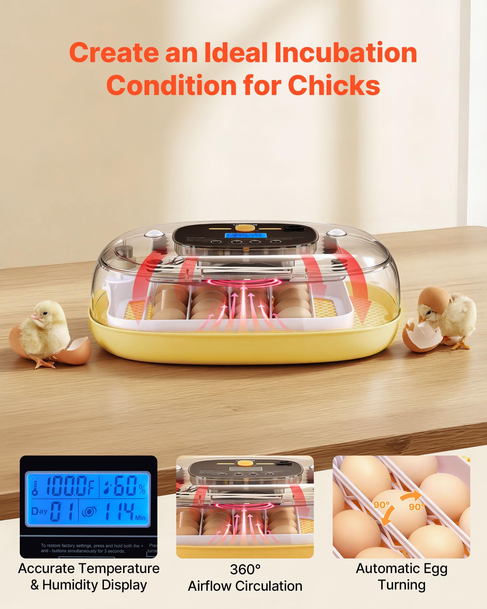 VEVOR incubator internal tray detail showing secure egg holders and even spacing