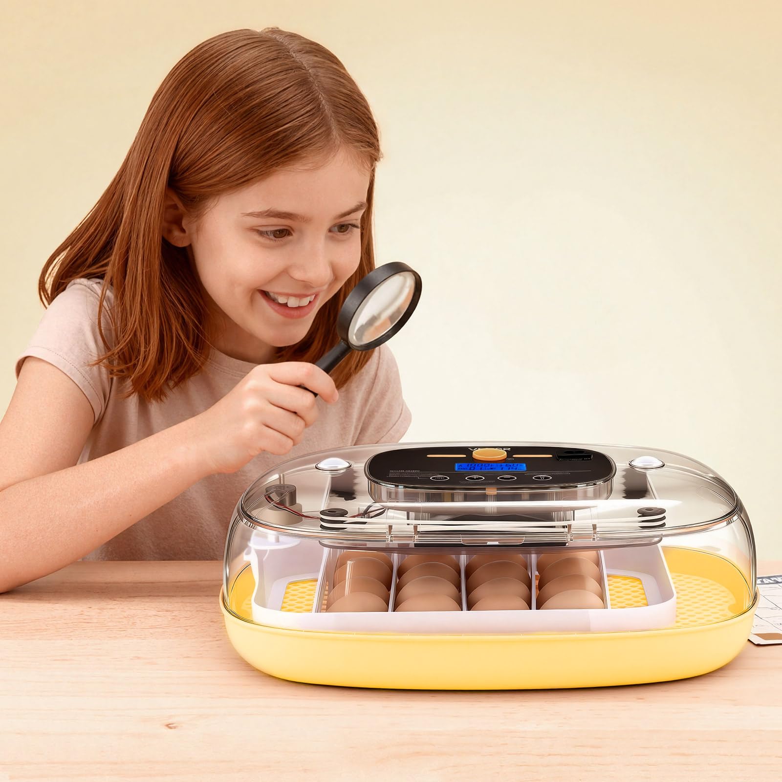 VEVOR incubator size comparison with hand to show compact scale