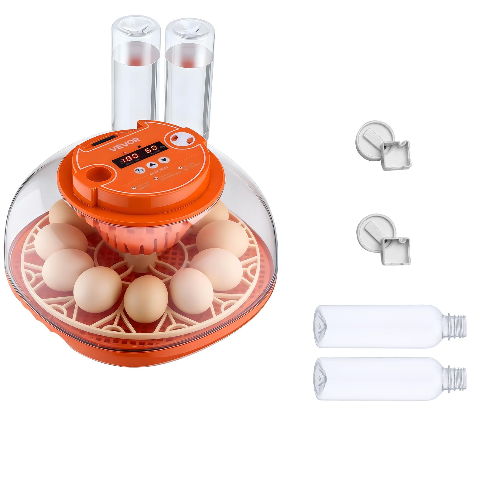 VEVOR incubator next to hands for scale to show compact size suitable for countertops