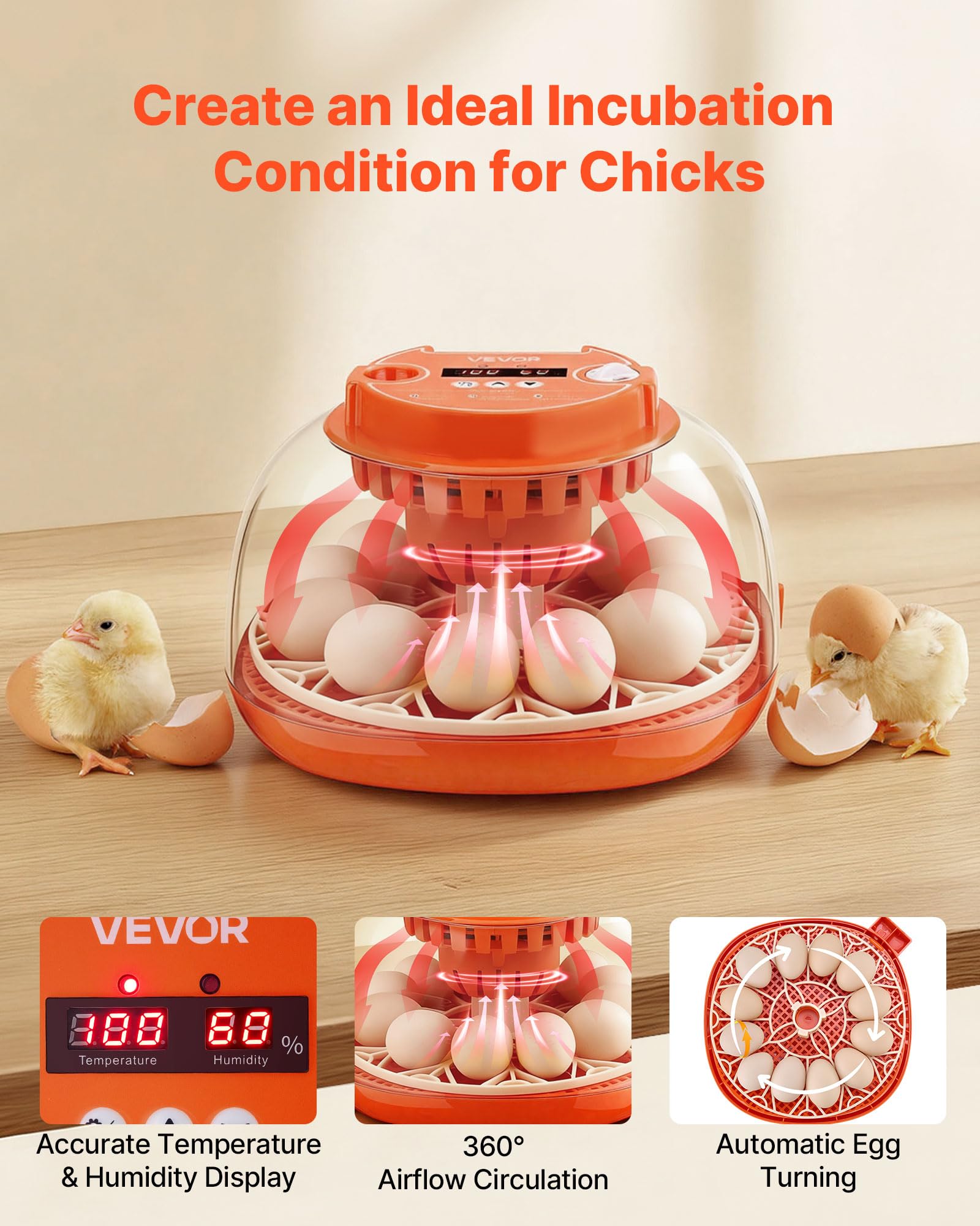VEVOR top view highlighting transparent window that lets you watch embryo development