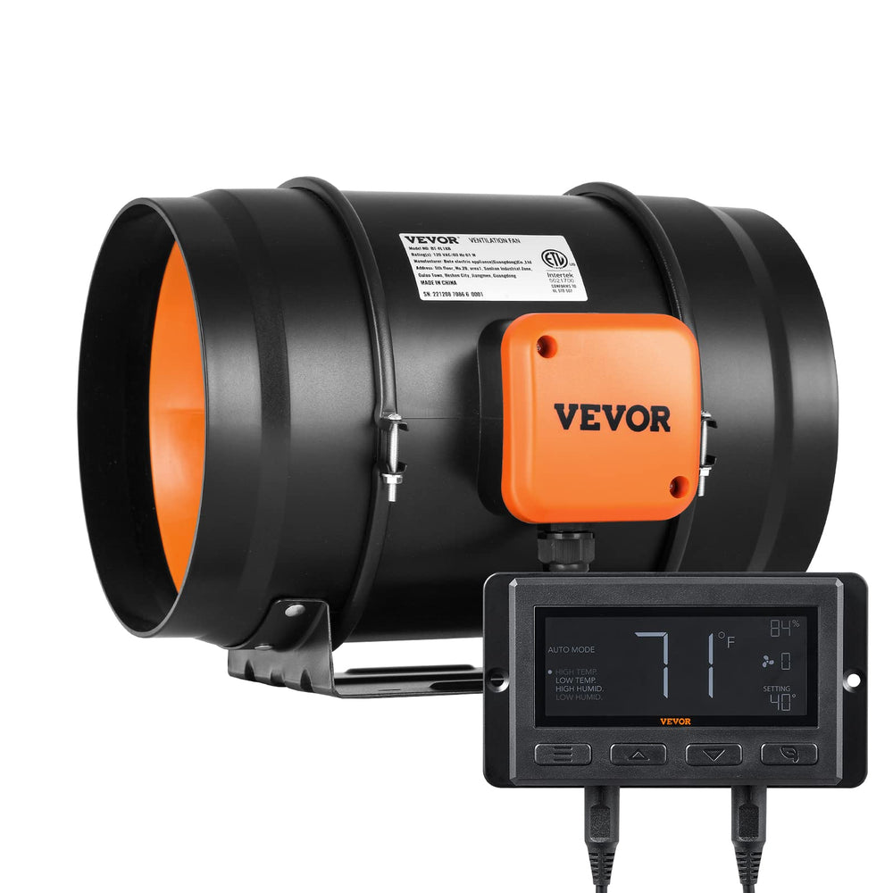 VEVOR inline duct fan front view showing inlet and outlet for powerful airflow