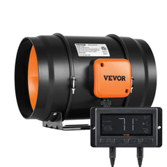 VEVOR inline duct fan front view showing inlet and outlet for powerful airflow