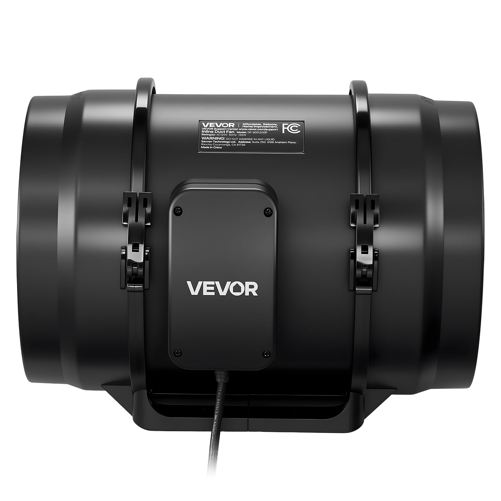 VEVOR inline fan angle detail with power cord showing plug-in convenience benefit
