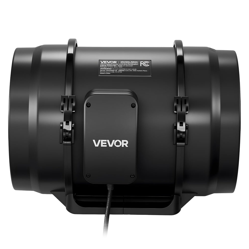 VEVOR inline fan angle detail with power cord showing plug-in convenience benefit