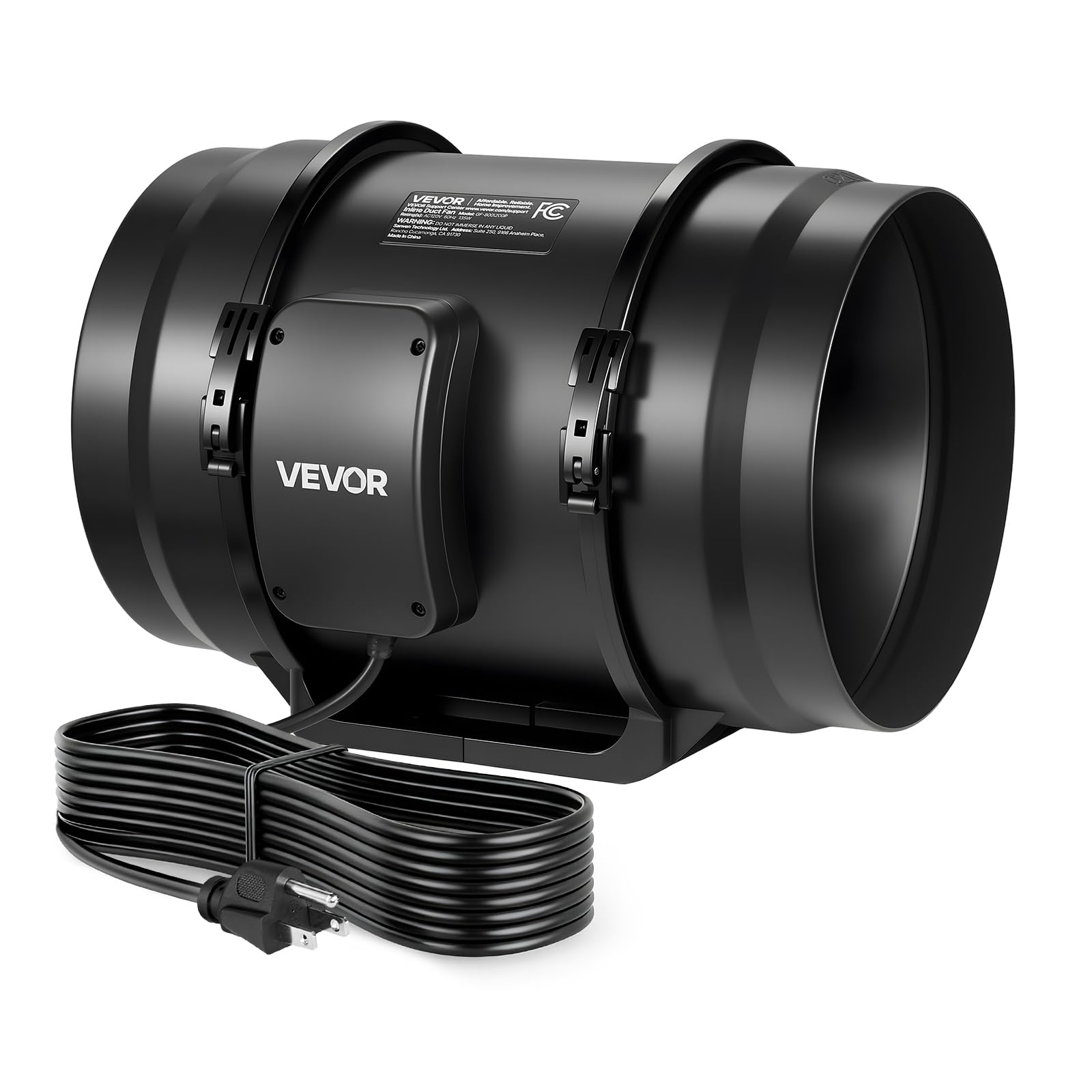 VEVOR inline fan front view showing compact housing and powerful airflow benefit