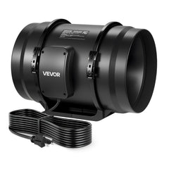 VEVOR inline fan front view showing compact housing and powerful airflow benefit