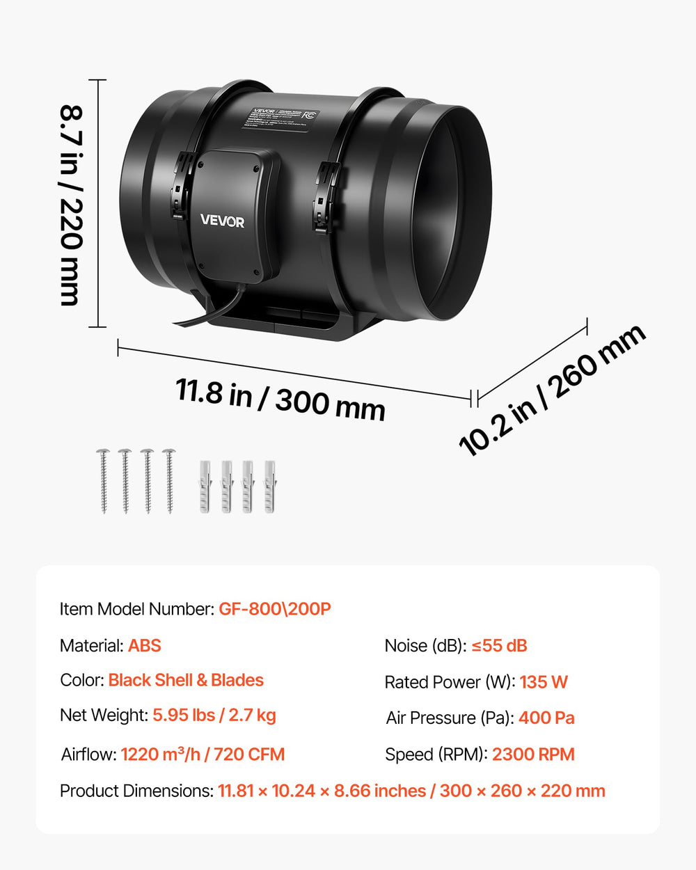VEVOR inline fan label and specs plate showing model details and safe installation benefit