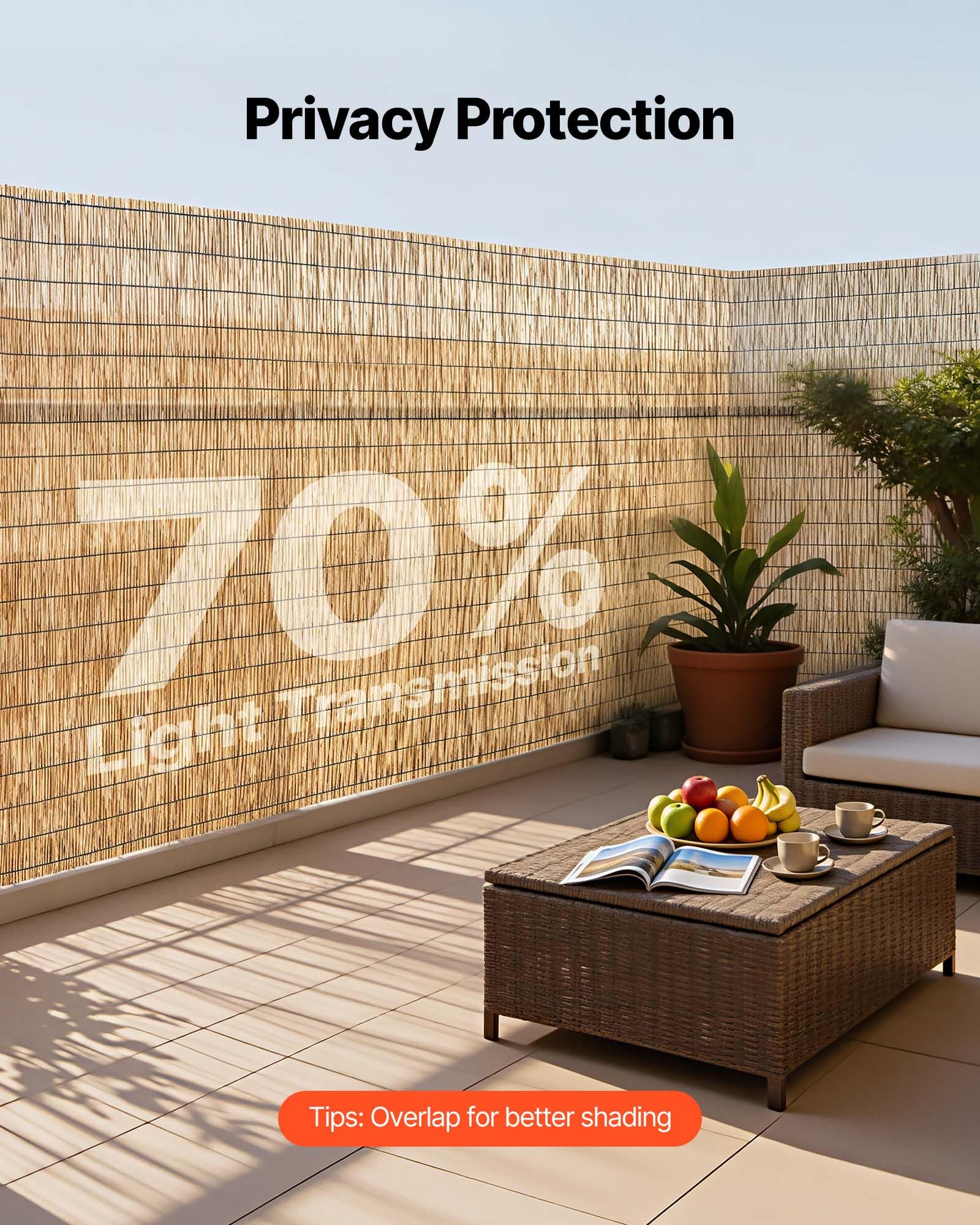 VEVOR cortina de caña instalada en balcón mejora privacidad y ventilación
