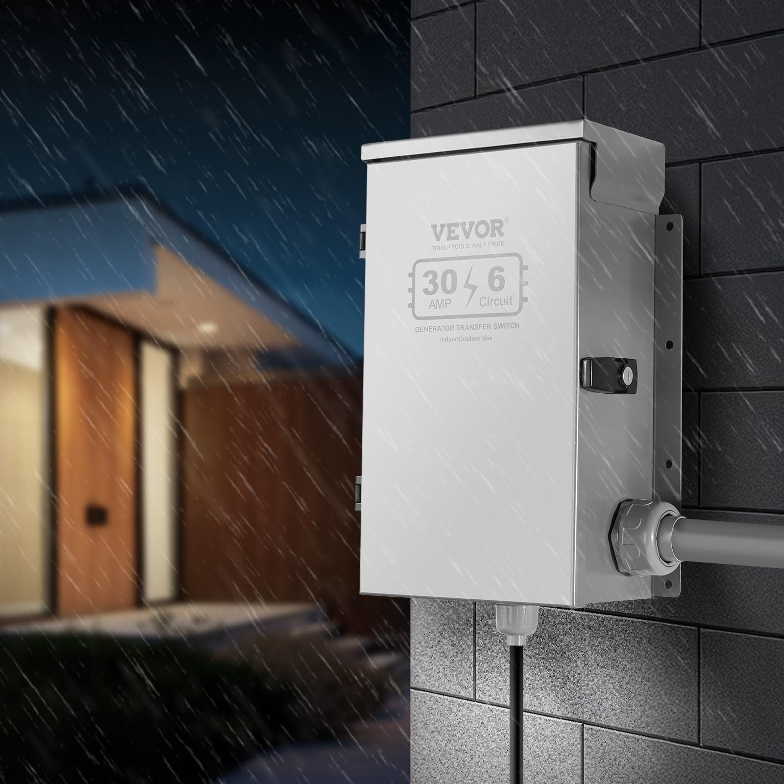 VEVOR transfer switch installed with generator connected demonstrating backup power use