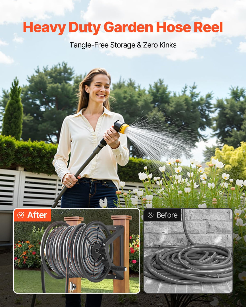 VEVOR reel installed on brick wall showing scale and organized yard benefit