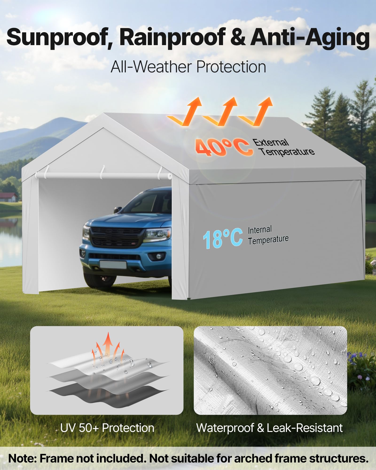 VEVOR installed on an instant carport frame showing fitted coverage
