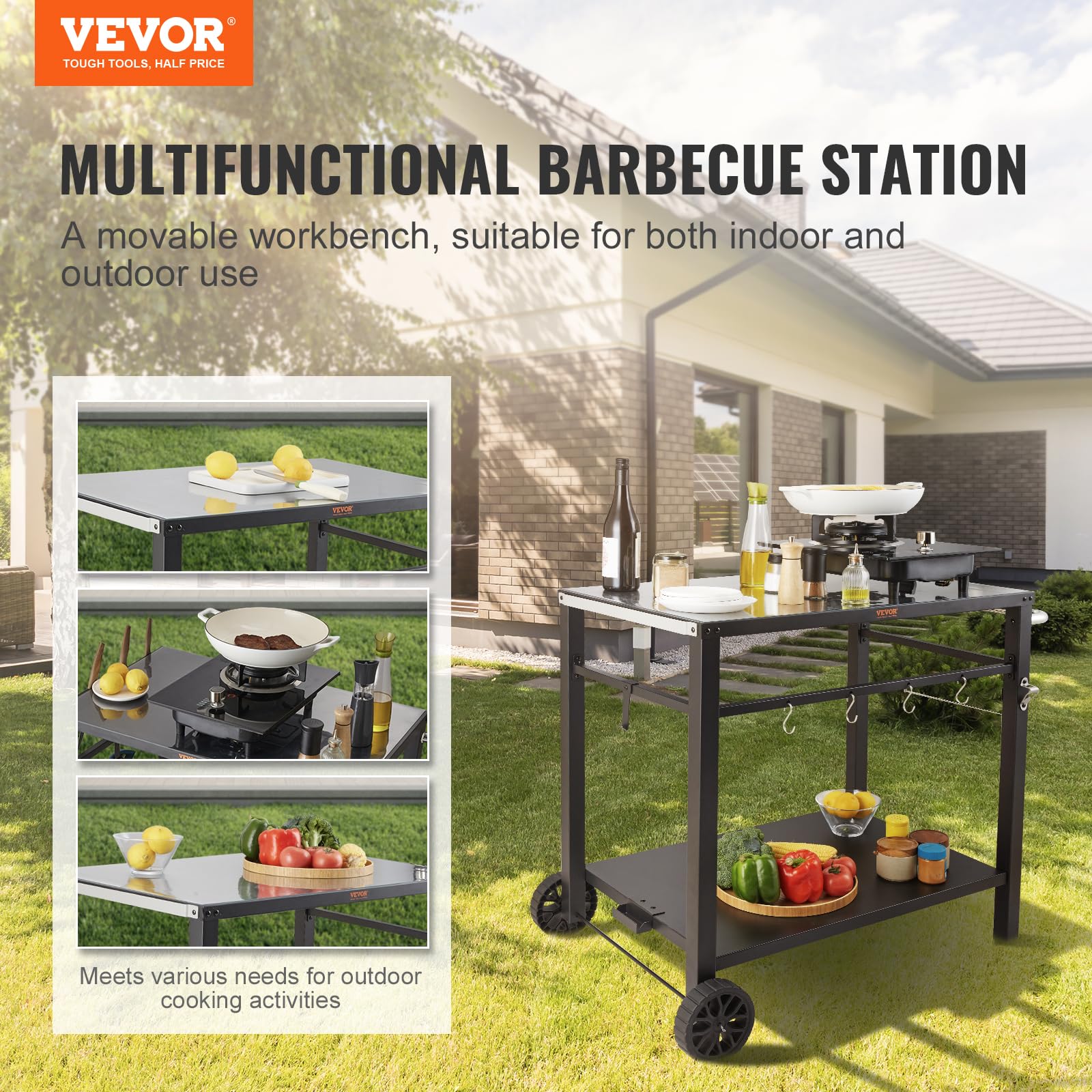VEVOR close-up of black iron tabletop highlighting smooth polished edges for safety