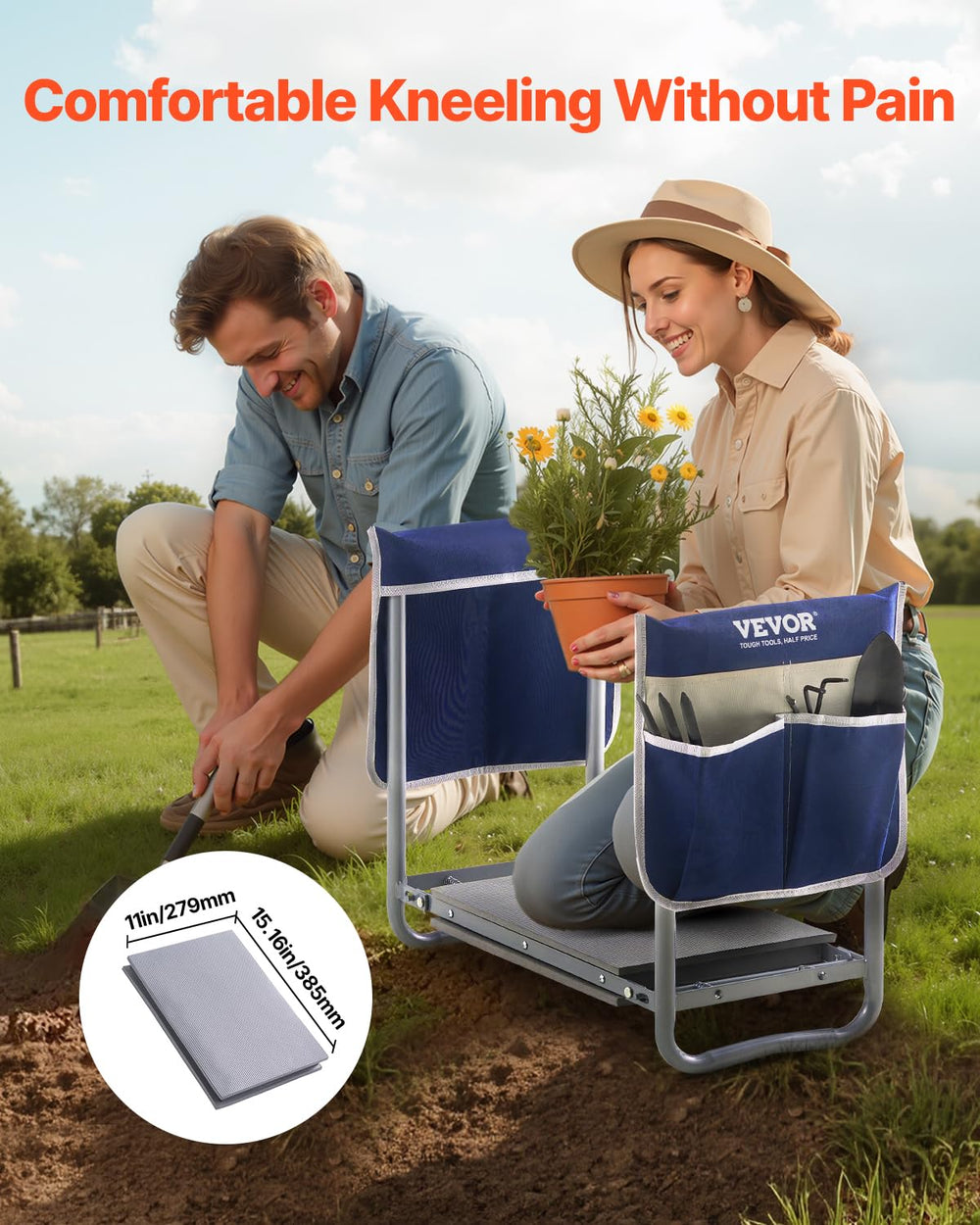 VEVOR close-up of 11-inch EVA pad providing knee cushioning and comfort while gardening